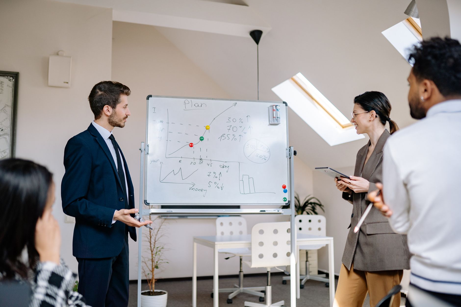 Equipe discutindo planejamento técnico em quadro branco