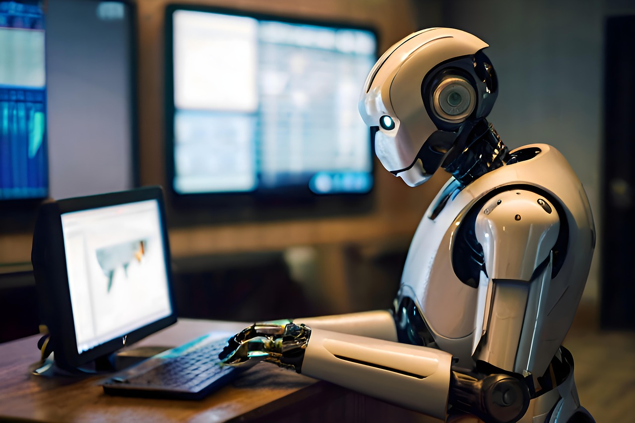 Braço robótico representando automação em ambiente de escritório