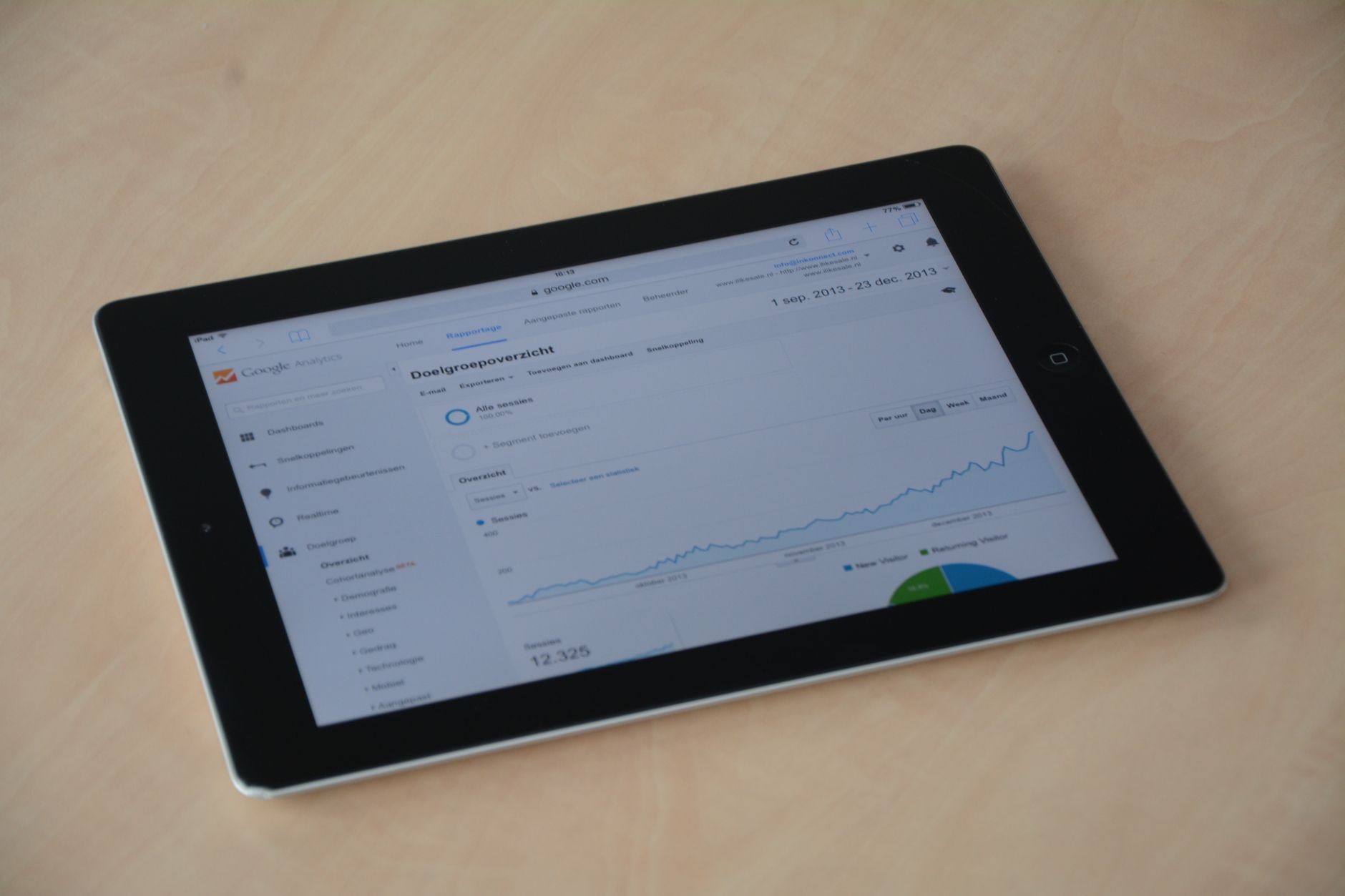 Tablet apoiado sobre mesa exibindo painel de relatórios com gráfico de sessões ao longo do tempo