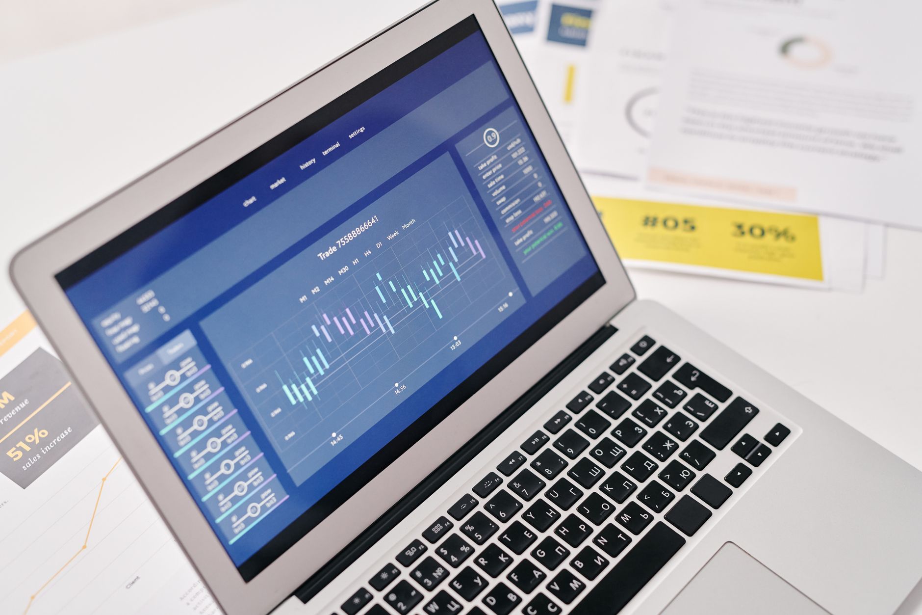 Tela de laptop mostrando gráfico de candlestick e controles deslizantes ao lado de papéis com indicadores de vendas