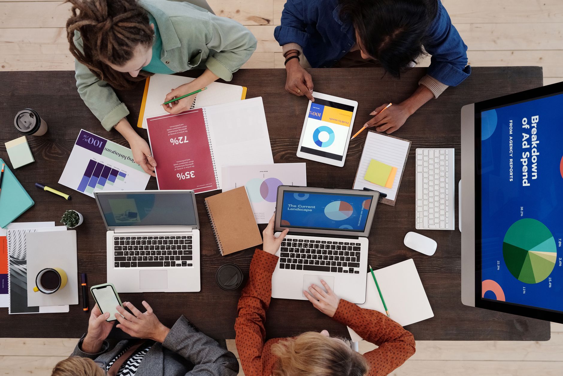 Equipe analisando gráficos e relatórios de investimento em anúncios em notebooks e tablets